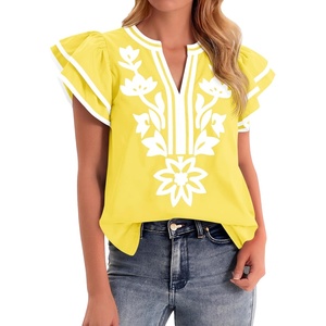 image:imageCicy Bell Womens Ruffle Color Block Blouses Summer Casual V Neck Floral Print Tank Tops Pleated Loose Fit ShirtsCute Yellow