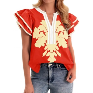 image:imageCicy Bell Womens Ruffle Color Block Blouses Summer Casual V Neck Floral Print Tank Tops Pleated Loose Fit ShirtsOrange Red