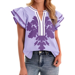 image:imageCicy Bell Womens Ruffle Color Block Blouses Summer Casual V Neck Floral Print Tank Tops Pleated Loose Fit ShirtsPale Purple