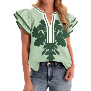 image:imageCicy Bell Womens Ruffle Color Block Blouses Summer Casual V Neck Floral Print Tank Tops Pleated Loose Fit ShirtsPea Green