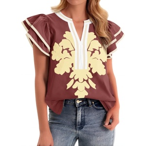 image:imageCicy Bell Womens Ruffle Color Block Blouses Summer Casual V Neck Floral Print Tank Tops Pleated Loose Fit ShirtsWine Red