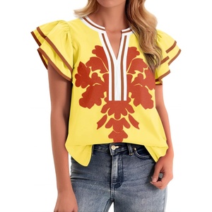 image:imageCicy Bell Womens Ruffle Color Block Blouses Summer Casual V Neck Floral Print Tank Tops Pleated Loose Fit ShirtsYellow