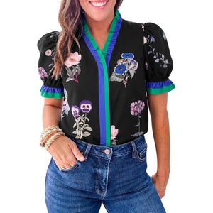 image:imageCicy Bell Womens Summer Floral Print Tops Casual Puff Short Sleeve Ruffle V Neck Button Down Shirts Patchwork Boho BlousesBlack