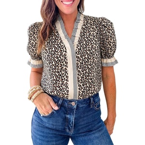 image:imageCicy Bell Womens Summer Floral Print Tops Casual Puff Short Sleeve Ruffle V Neck Button Down Shirts Patchwork Boho BlousesCute Leopard