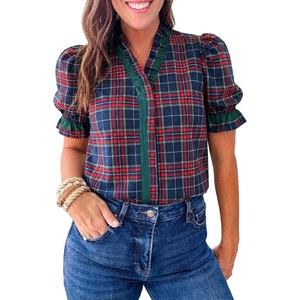 image:imageCicy Bell Womens Summer Floral Print Tops Casual Puff Short Sleeve Ruffle V Neck Button Down Shirts Patchwork Boho BlousesDark Blue