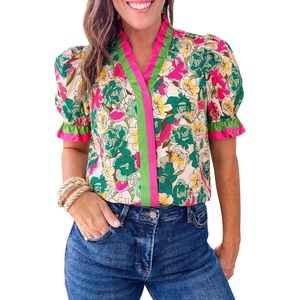 image:imageCicy Bell Womens Summer Floral Print Tops Casual Puff Short Sleeve Ruffle V Neck Button Down Shirts Patchwork Boho BlousesGreen