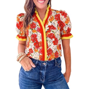 image:imageCicy Bell Womens Summer Floral Print Tops Casual Puff Short Sleeve Ruffle V Neck Button Down Shirts Patchwork Boho BlousesOrange
