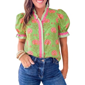 image:imageCicy Bell Womens Summer Floral Print Tops Casual Puff Short Sleeve Ruffle V Neck Button Down Shirts Patchwork Boho BlousesYellowgreen