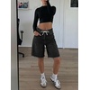 image:imageCicy Bell Womens High Waisted Denim Shorts Bermuda Baggy Drawstring Raw Hem Jorts Casual Knee Length Jean ShortsBlack