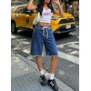 image:imageCicy Bell Womens High Waisted Denim Shorts Bermuda Baggy Drawstring Raw Hem Jorts Casual Knee Length Jean ShortsBlue