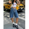 image:imageCicy Bell Womens High Waisted Denim Shorts Bermuda Baggy Drawstring Raw Hem Jorts Casual Knee Length Jean ShortsJean Blue