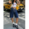image:imageCicy Bell Womens High Waisted Denim Shorts Bermuda Baggy Drawstring Raw Hem Jorts Casual Knee Length Jean ShortsNavy Blue
