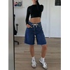 image:imageCicy Bell Womens High Waisted Denim Shorts Bermuda Baggy Drawstring Raw Hem Jorts Casual Knee Length Jean ShortsNavy Blue