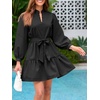 image:imageCicy Bell Womens Puff 34 Sleeve Mini Dresses Bow Tie Waist V Neck Casual Trendy Ruffle Tiered Short Dress Black