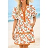 image:imageCicy Bell Womens V Neck Floral Mini Dress Short Puff Sleeve Patchwork Summer Casual Boho DressesOrange