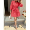 image:imageCicy Bell Womens Puff 34 Sleeve Mini Dresses Bow Tie Waist V Neck Casual Trendy Ruffle Tiered Short DressCoral Red