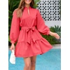 image:imageCicy Bell Womens Puff 34 Sleeve Mini Dresses Bow Tie Waist V Neck Casual Trendy Ruffle Tiered Short DressCoral Red
