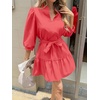 image:imageCicy Bell Womens Puff 34 Sleeve Mini Dresses Bow Tie Waist V Neck Casual Trendy Ruffle Tiered Short DressCoral Red