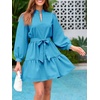 image:imageCicy Bell Womens Puff 34 Sleeve Mini Dresses Bow Tie Waist V Neck Casual Trendy Ruffle Tiered Short DressLake Blue