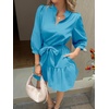 image:imageCicy Bell Womens Puff 34 Sleeve Mini Dresses Bow Tie Waist V Neck Casual Trendy Ruffle Tiered Short DressLake Blue