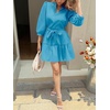 image:imageCicy Bell Womens Puff 34 Sleeve Mini Dresses Bow Tie Waist V Neck Casual Trendy Ruffle Tiered Short DressLake Blue