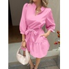 image:imageCicy Bell Womens Puff 34 Sleeve Mini Dresses Bow Tie Waist V Neck Casual Trendy Ruffle Tiered Short DressPink