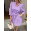 image:imageCicy Bell Womens Puff 34 Sleeve Mini Dresses Bow Tie Waist V Neck Casual Trendy Ruffle Tiered Short DressPurple