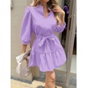 image:imageCicy Bell Womens Puff 34 Sleeve Mini Dresses Bow Tie Waist V Neck Casual Trendy Ruffle Tiered Short DressPurple