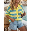 image:imageCicy Bell Womens Summer Striped Crochet Cardigan Sweater Half Sleeve Button up Tops Loose Fit Cover UpBlueyellow