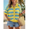 image:imageCicy Bell Womens Summer Striped Crochet Cardigan Sweater Half Sleeve Button up Tops Loose Fit Cover UpBlueyellow