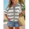 image:imageCicy Bell Womens Summer Striped Crochet Cardigan Sweater Half Sleeve Button up Tops Loose Fit Cover UpGrey