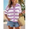 image:imageCicy Bell Womens Summer Striped Crochet Cardigan Sweater Half Sleeve Button up Tops Loose Fit Cover UpPurple