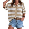 image:imageCicy Bell Womens Summer Striped Crochet Cardigan Sweater Half Sleeve Button up Tops Loose Fit Cover UpKhaki