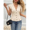 image:imageCicy Bell Womens Deep V Neck Vest Tops Cap Sleeve Cropped Ruffle Shirts Button Up Cotton Fitted BlousePolka Dot