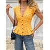 image:imageCicy Bell Womens Deep V Neck Vest Tops Cap Sleeve Cropped Ruffle Shirts Button Up Cotton Fitted BlousePolka Dot Yellow