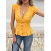 image:imageCicy Bell Womens Deep V Neck Vest Tops Cap Sleeve Cropped Ruffle Shirts Button Up Cotton Fitted BlousePolka Dot Yellow