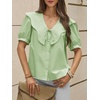 image:imageCicy Bell Womens Peter Pan Collar Button Down Shirts Puff Short Sleeve Summer Casual Eyelet Tops Cotton Loose Fit BlousesGreen