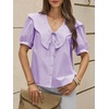 image:imageCicy Bell Womens Peter Pan Collar Button Down Shirts Puff Short Sleeve Summer Casual Eyelet Tops Cotton Loose Fit BlousesPale Purple