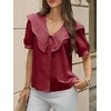 image:imageCicy Bell Womens Peter Pan Collar Button Down Shirts Puff Short Sleeve Summer Casual Eyelet Tops Cotton Loose Fit BlousesWine Red