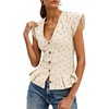 image:imageCicy Bell Womens Deep V Neck Vest Tops Cap Sleeve Cropped Ruffle Shirts Button Up Cotton Fitted BlousePolka Dot