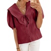 image:imageCicy Bell Womens Peter Pan Collar Button Down Shirts Puff Short Sleeve Summer Casual Eyelet Tops Cotton Loose Fit BlousesWine Red