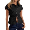 image:imageCicy Bell Womens Summer Button Down Shirts Short Sleeve Slim Fit Petite Ruched Cotton Blouses Cute Going Out Tops Black
