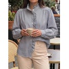 image:imageCicy Bell Womens Ruffle Striped Button Down Shirts Puff Long Sleeve Blouses  Trendy Casual Loose Fit Fall Tops Stand CollarBlack