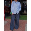 image:imageCicy Bell Womens Ruffle Striped Button Down Shirts Puff Long Sleeve Blouses  Trendy Casual Loose Fit Fall Tops Stand CollarDark Blue