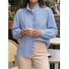 image:imageCicy Bell Womens Ruffle Striped Button Down Shirts Puff Long Sleeve Blouses  Trendy Casual Loose Fit Fall Tops Stand CollarDark Blue
