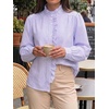 image:imageCicy Bell Womens Ruffle Striped Button Down Shirts Puff Long Sleeve Blouses  Trendy Casual Loose Fit Fall Tops Stand CollarViolet