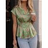 image:imageCicy Bell Womens Satin Peplum Button Down Blouses V Neck Fall Floral Tops  ElegantShort Sleeve Collared ShirtsSlim Waist Fitted TeesSummer Silk ShirtsDressy CasualCap SleeveFashion ClothingGreen Flower