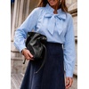 image:imageCicy Bell Womens Striped Bow Tie Blouse Puff Long Sleeve Ruffle Cotton Tops  Dressy Casual V Neck Loose Fit Fall Trendy Work Office Business CasualCute Blue