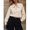 image:imageCicy Bell Womens Striped Bow Tie Blouse Puff Long Sleeve Ruffle Cotton Tops  Dressy Casual V Neck Loose Fit Fall Trendy Work Office Business CasualKhaki