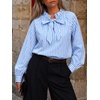 image:imageCicy Bell Womens Striped Bow Tie Blouse Puff Long Sleeve Ruffle Cotton Tops  Dressy Casual V Neck Loose Fit Fall Trendy Work Office Business CasualLight Blue